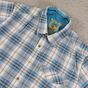 Kuhl Shirt Mens Medium Blue Plaid Short Sleeve Button Front Outdoor Hiking Tech